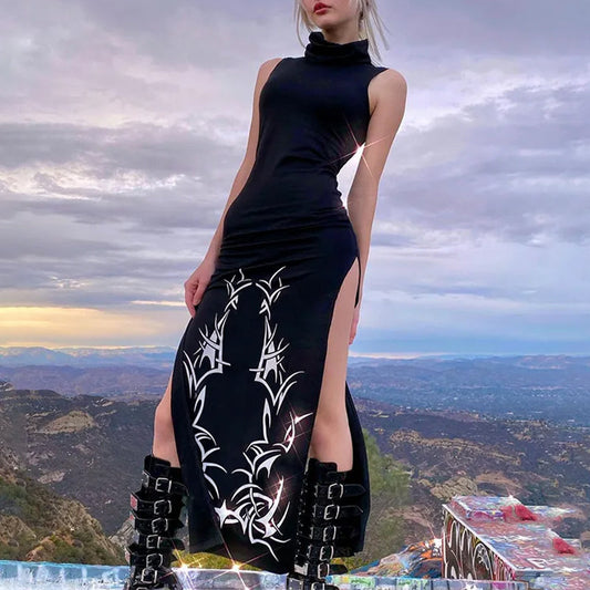 Black High-Neck Graphic Slit Maxi Dress
