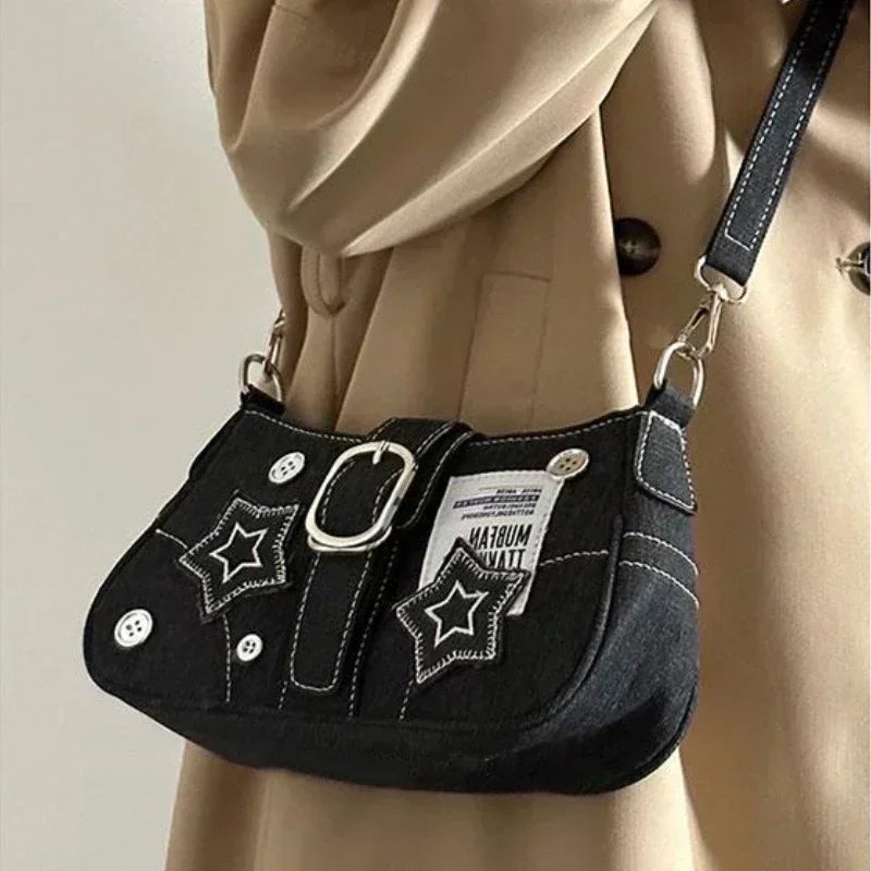 Black Denim Star Chain Baguette Bag
