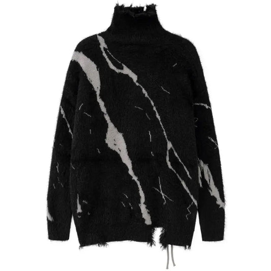 Black Gray Fuzzy Lace-Up Turtleneck Sweater