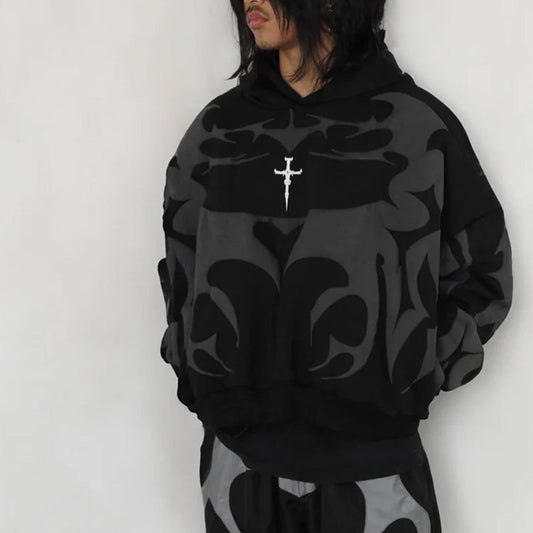 Unisex Black Cropped Tribal Graphic Hoodie