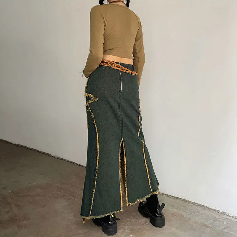 Dark Denim Star Patch Maxi Skirt