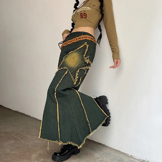 Women's Dark Denim Star Patch Maxi Skirt - primary photo, shown with a person (1 of 3)
