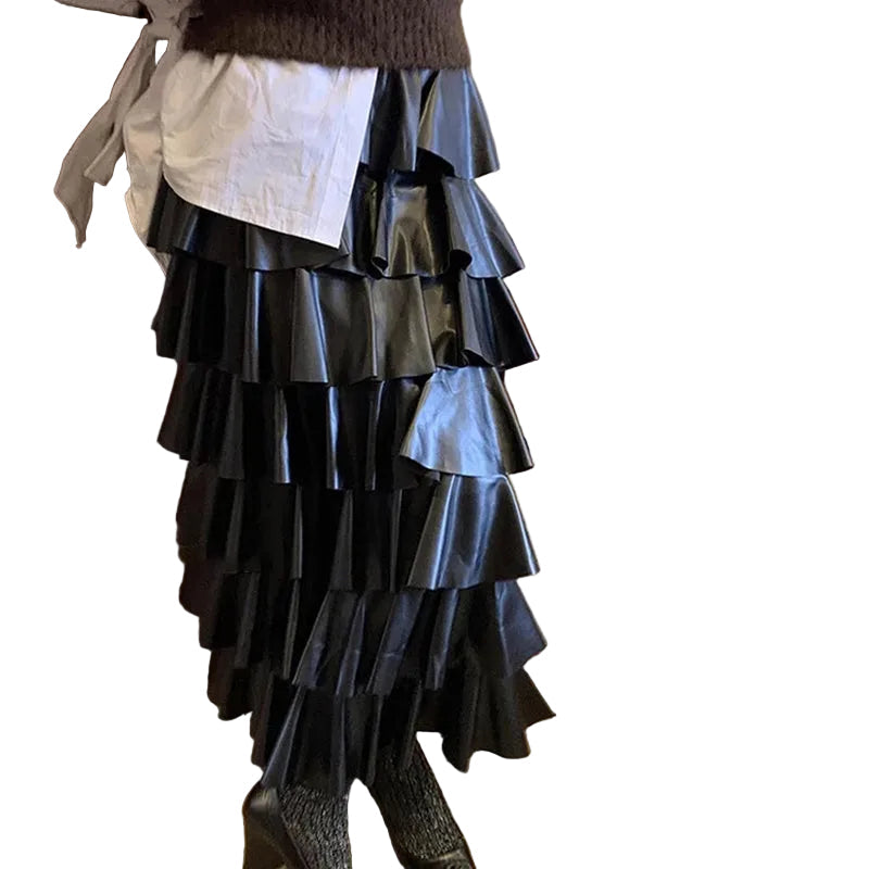Women's Black Faux Leather Tiered Ruffle Maxi Skirt - primary photo, shown with a person