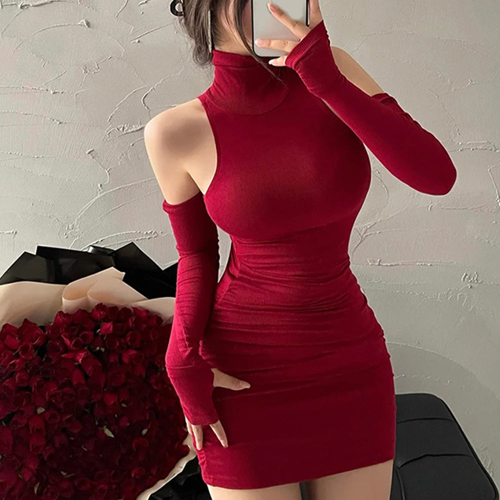 Women's Black Mock-Neck Mini Dress with Arm Warmers - alternate view, shown with a person (2 of 2)