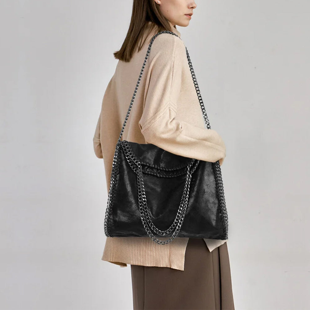 Black Faux Suede Chain Fold-Over Bag