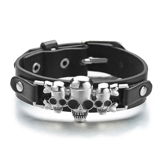 Unisex Black Leather Triple Skull Cuff Bracelet