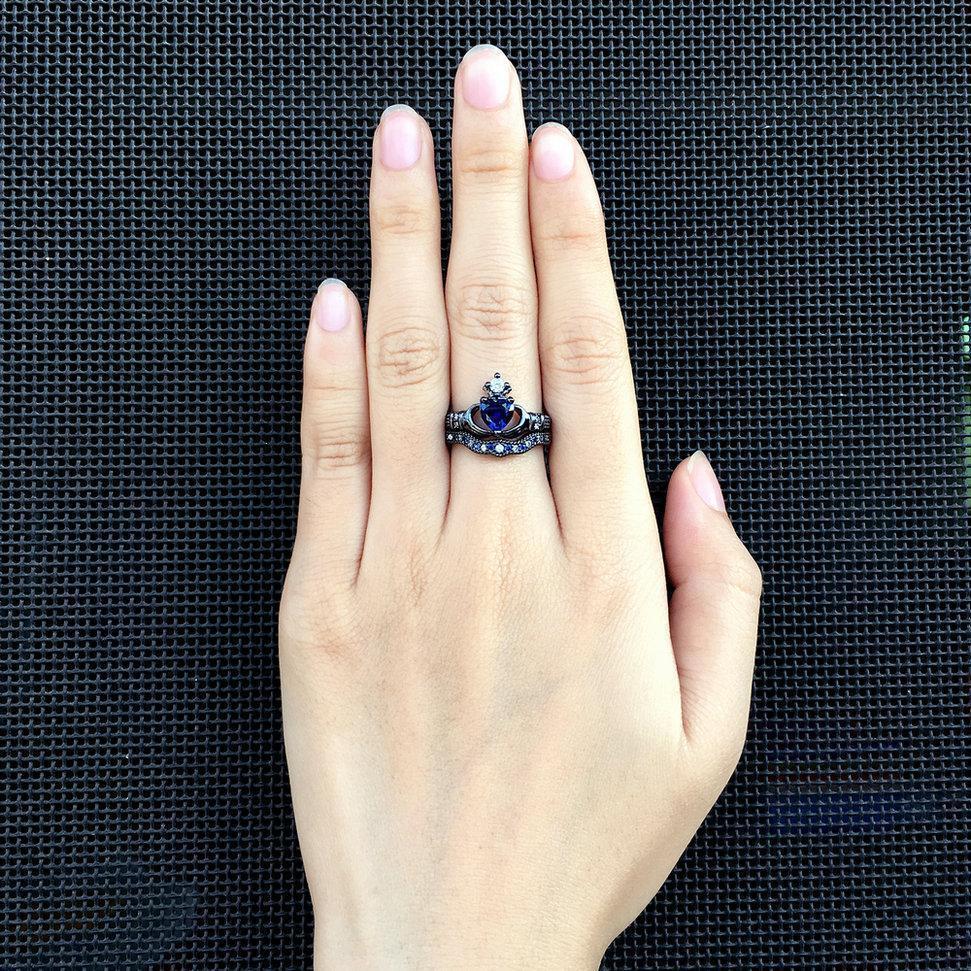 Black Blue Claddagh Heart Ring Set