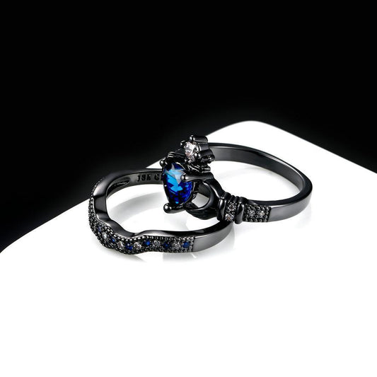 Black Blue Claddagh Heart Ring Set