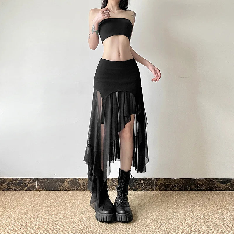Black Mesh Garter Asymmetric Skirt