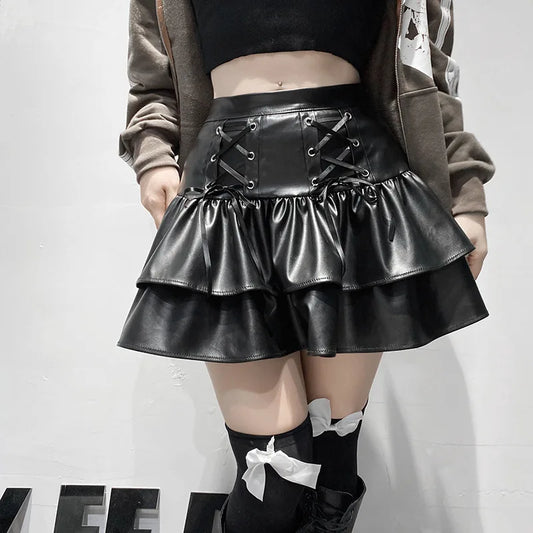 Gothic Leather Skirt - alternate view, shown with a person (2 of 3)