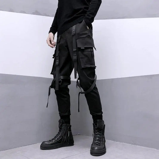 Black Multi-Strap Tapered Cargo Joggers