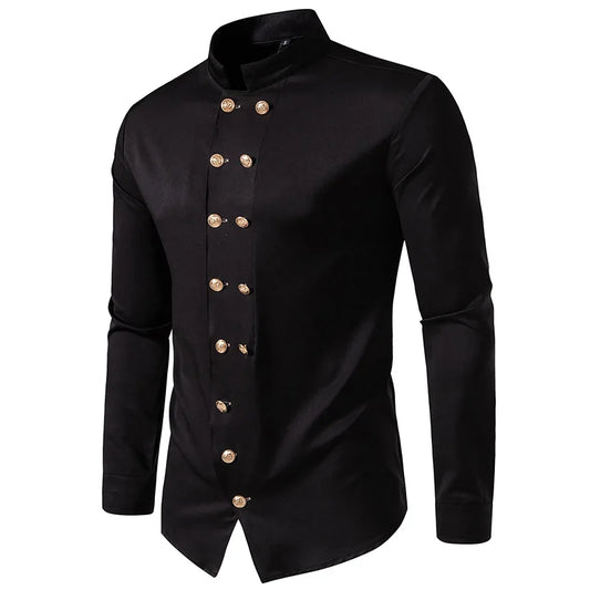 Black Gold-Button Mandarin Collar Shirt