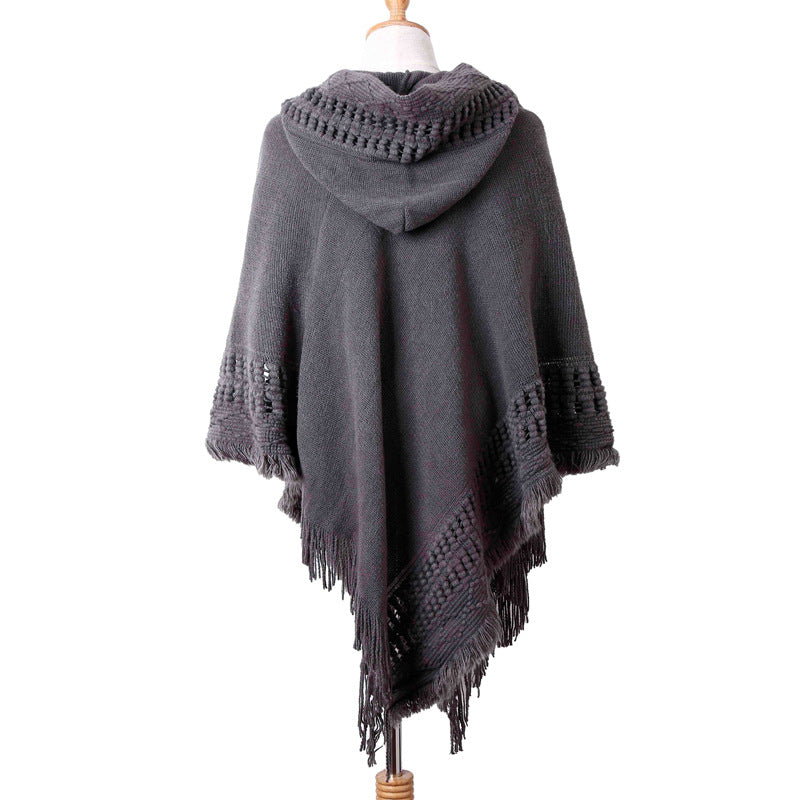 Black Hooded Knit Fringe Poncho