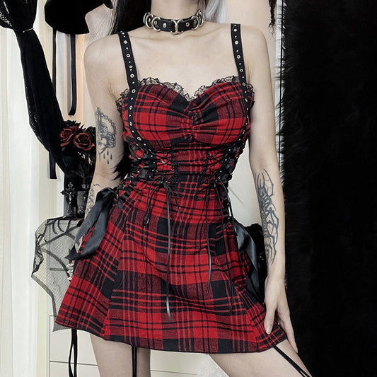 Red Plaid Side-Lace Mini Dress