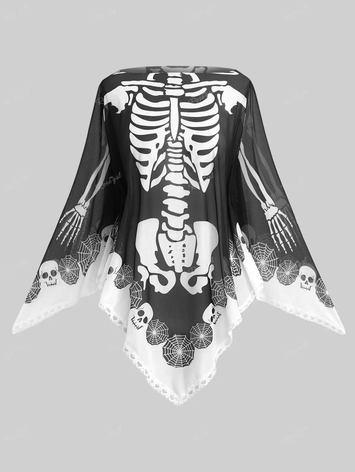 Black Skeleton Print Chiffon Cape