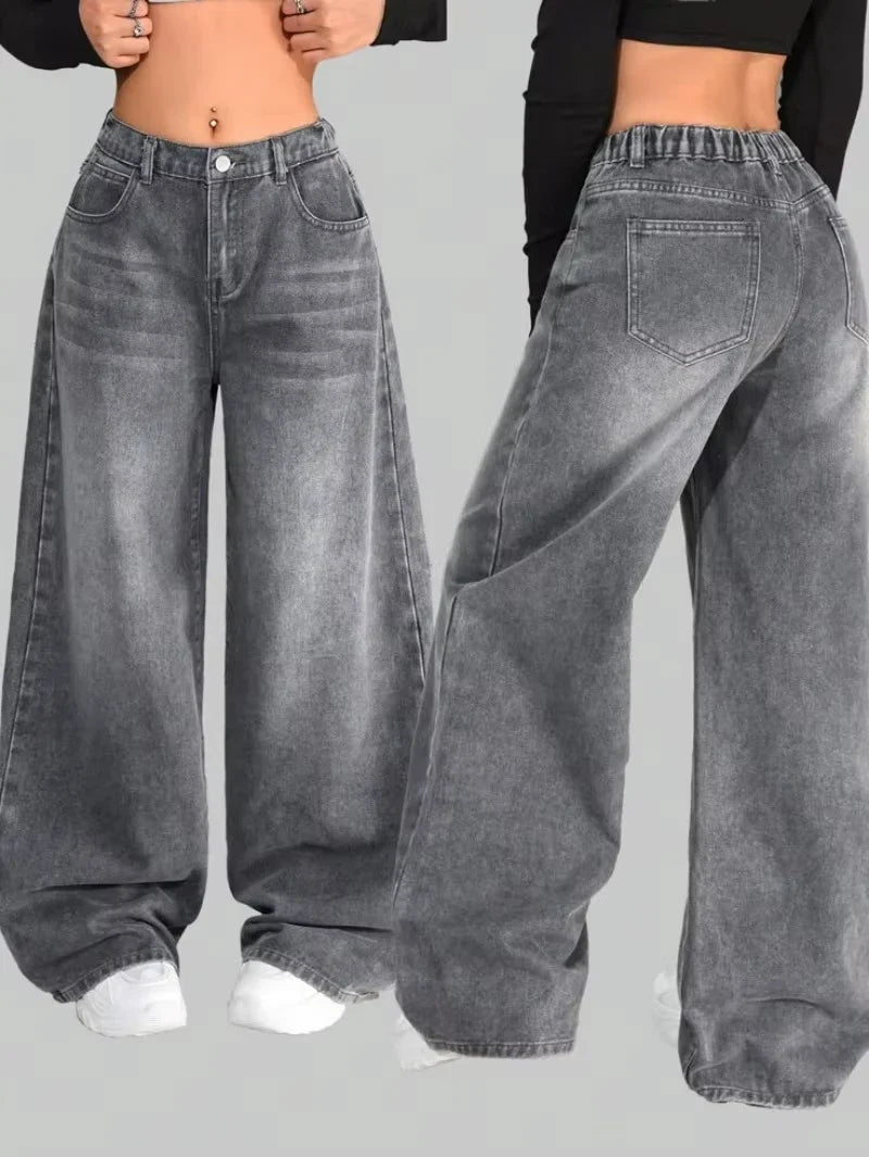 American New Fashion Oversized Pattern Printed Washed Jeans Men Y2K Gothic Rock Popular Casual Joker High Waist Wide Leg Pants - Creepy Goth