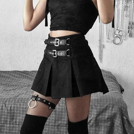 Black Pleated Double-Buckle Mini Skirt