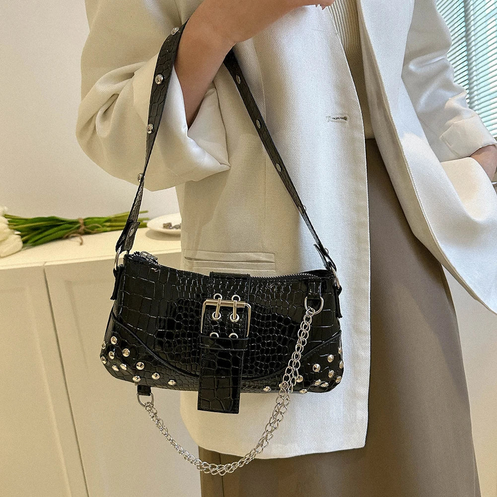 Black Croc-Emboss Studded Baguette Bag