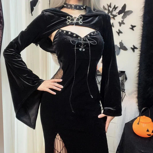 Women's Black Velvet Dress and Hooded Bolero Set - primary photo, shown with a person (1 of 4)