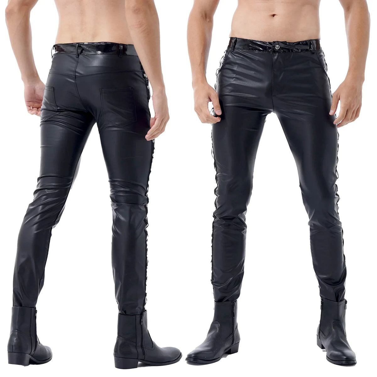 Men Latex Long Pants Shiny Wet Look PU Leather Pants Glossy Mid Waist Straight Trousers Party Bar Nightclub Stage Show Costume - Creepy Goth