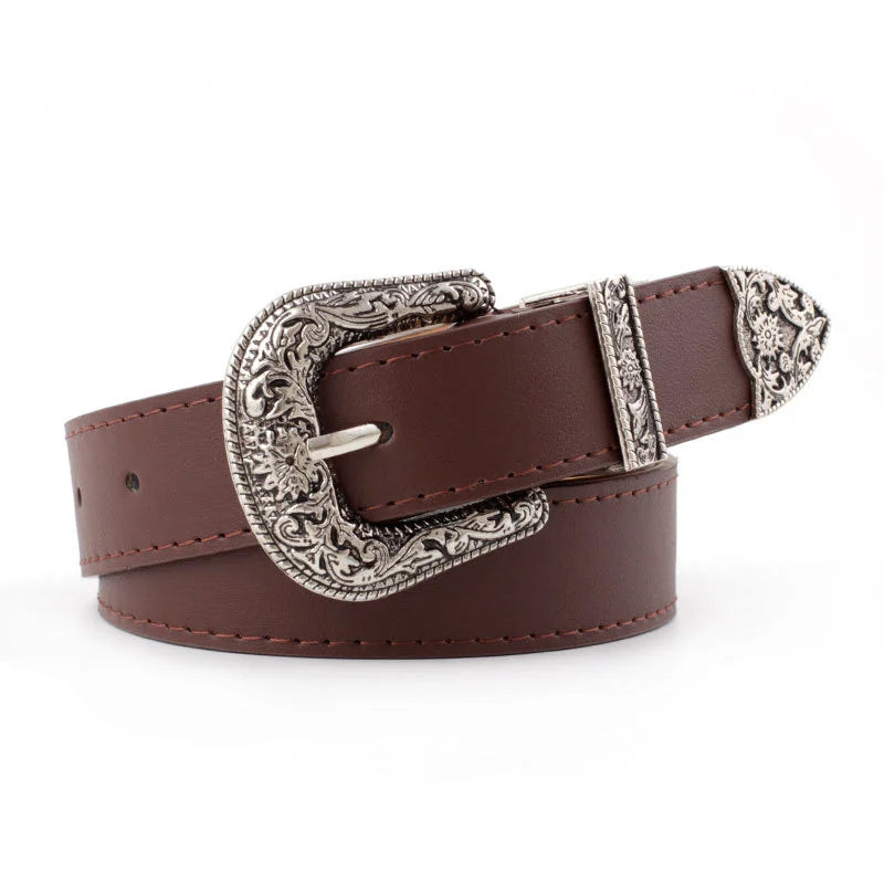 Women's Black Ornate Filigree Buckle Belt - alternate view, shown with a person (3 of 3)