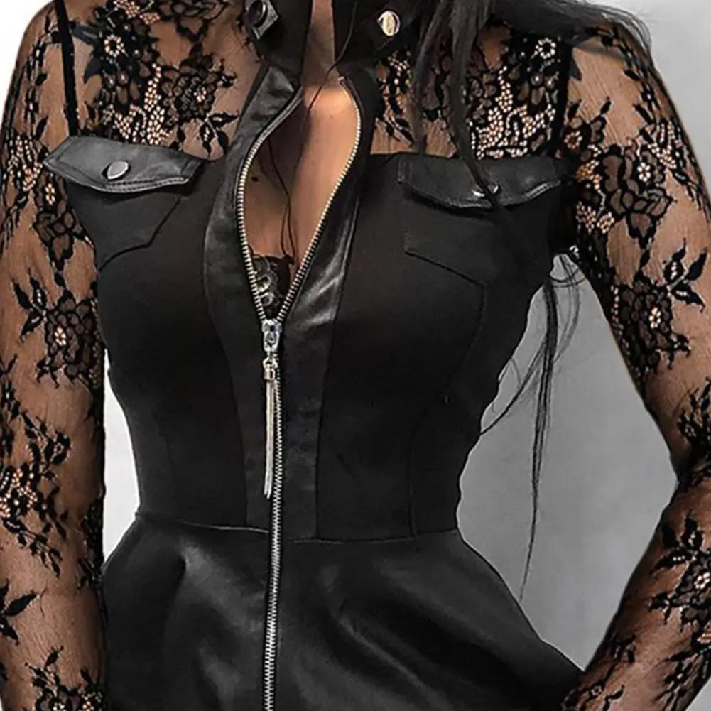 Black Lace Zip Mini Dress