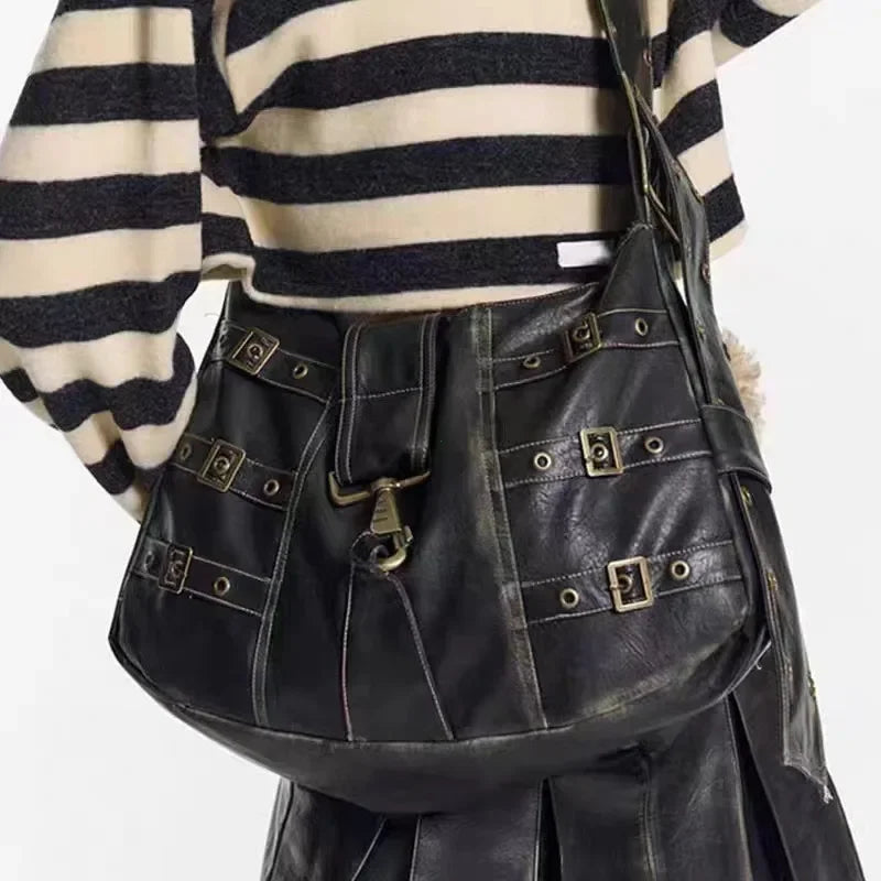 Black Buckle-Strap Hobo Shoulder Bag