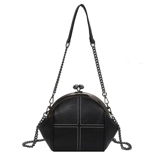 Black Kiss-Lock Cross-Stitch Shoulder Bag