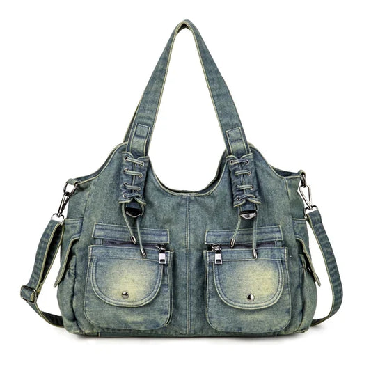 Women's Blue Denim Multi-Pocket Shoulder Tote - alternate studio view (2 of 2)