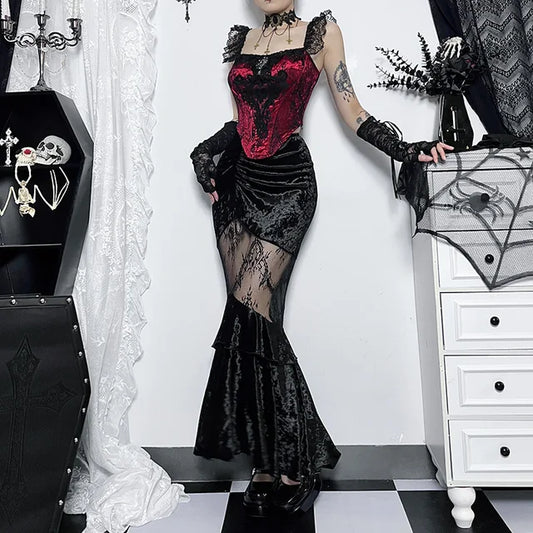 Red Velvet Black Lace Mermaid Dress