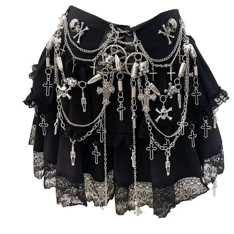 Women's Black Chain-Charm Tiered Mini Skirt - front studio view
