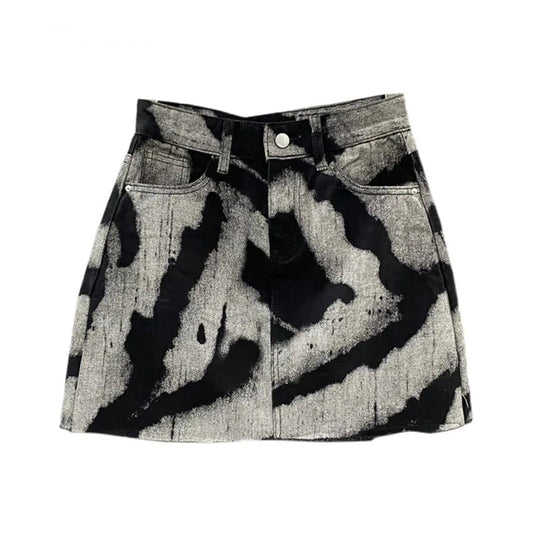 Women's Black Grey Bleached Denim Mini Skirt - front studio view (1 of 3)