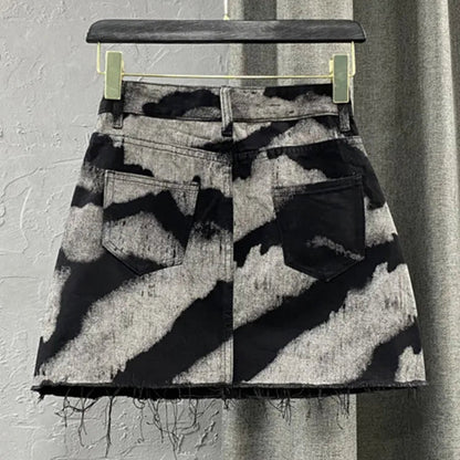 Black Grey Bleached Denim Mini Skirt