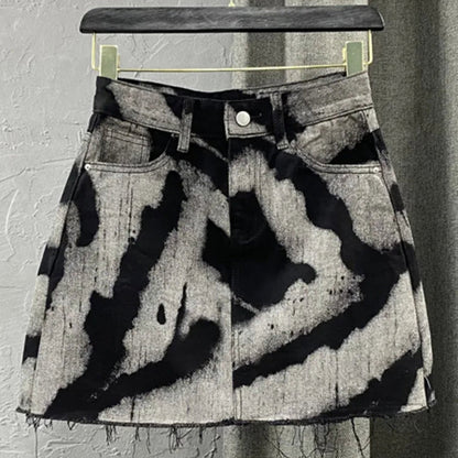 Black Grey Bleached Denim Mini Skirt