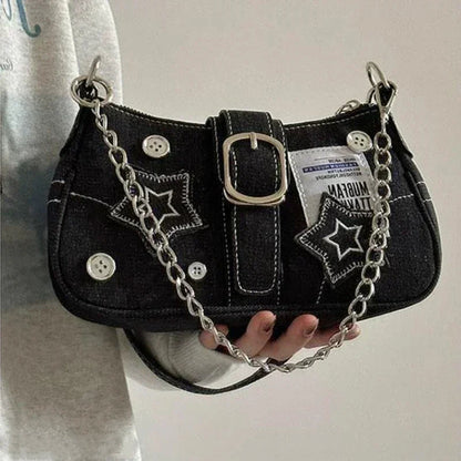 Women's Black Denim Star Chain Baguette Bag - primary product photo (1 of 3)