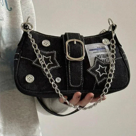 Women's Black Denim Star Chain Baguette Bag - primary product photo (1 of 3)