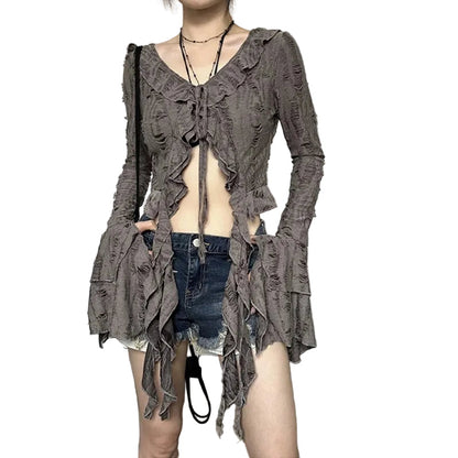 Women's Grey Distressed Ruffle Tie-Front Blouse - primary photo, shown with a person (1 of 2)