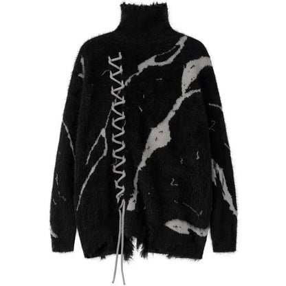 Men's Black Gray Fuzzy Lace-Up Turtleneck Sweater - front studio view (1 of 4)