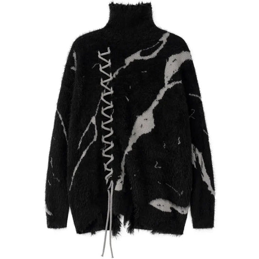 Men's Black Gray Fuzzy Lace-Up Turtleneck Sweater - front studio view (1 of 4)