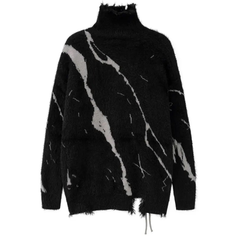 Black Gray Fuzzy Lace-Up Turtleneck Sweater