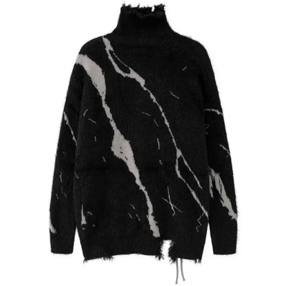 Black Gray Fuzzy Lace-Up Turtleneck Sweater