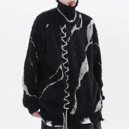 Black Gray Fuzzy Lace-Up Turtleneck Sweater