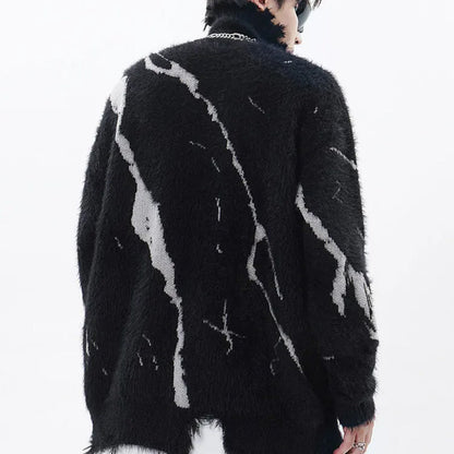 Black Gray Fuzzy Lace-Up Turtleneck Sweater