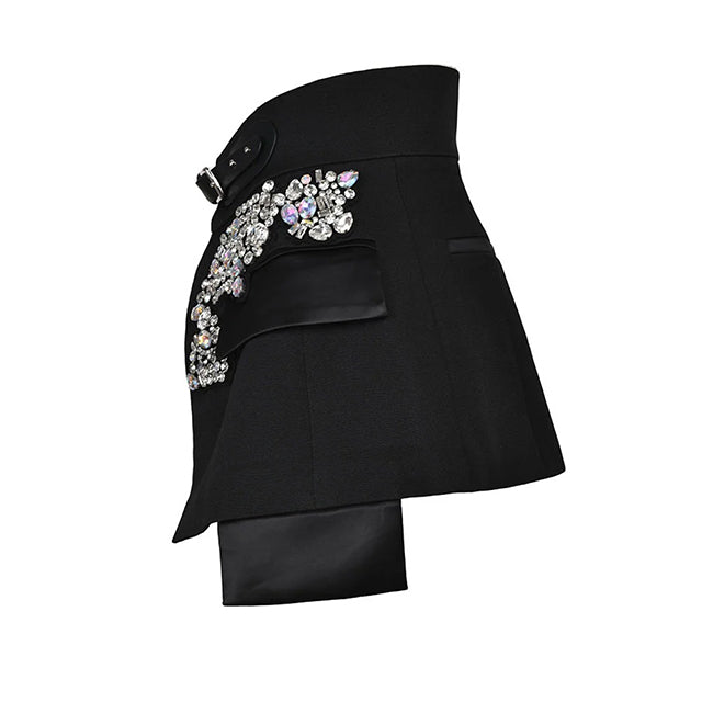 Black Crystal Buckle Mini Skirt