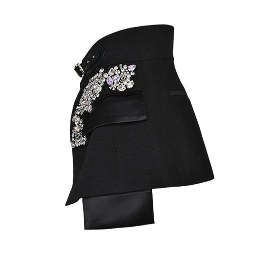 Black Crystal Buckle Mini Skirt