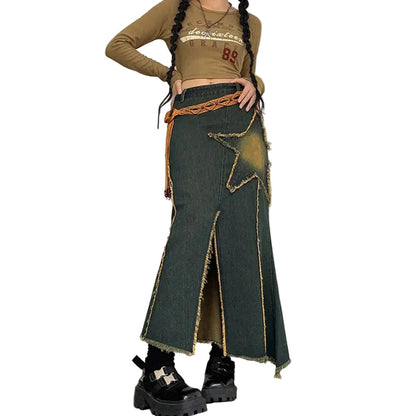 Dark Denim Star Patch Maxi Skirt