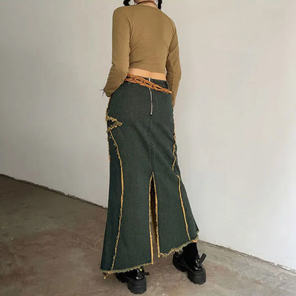 Dark Denim Star Patch Maxi Skirt