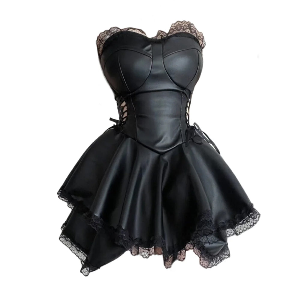 Women's Black Faux Leather Side-Lace Mini Dress - front studio view (1 of 4)