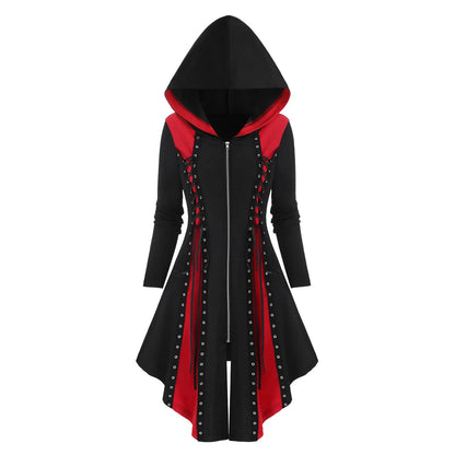 Black Red Lace-Up Hooded Zip Dress