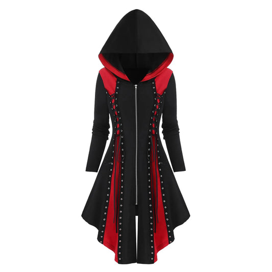Black Red Lace-Up Hooded Zip Dress